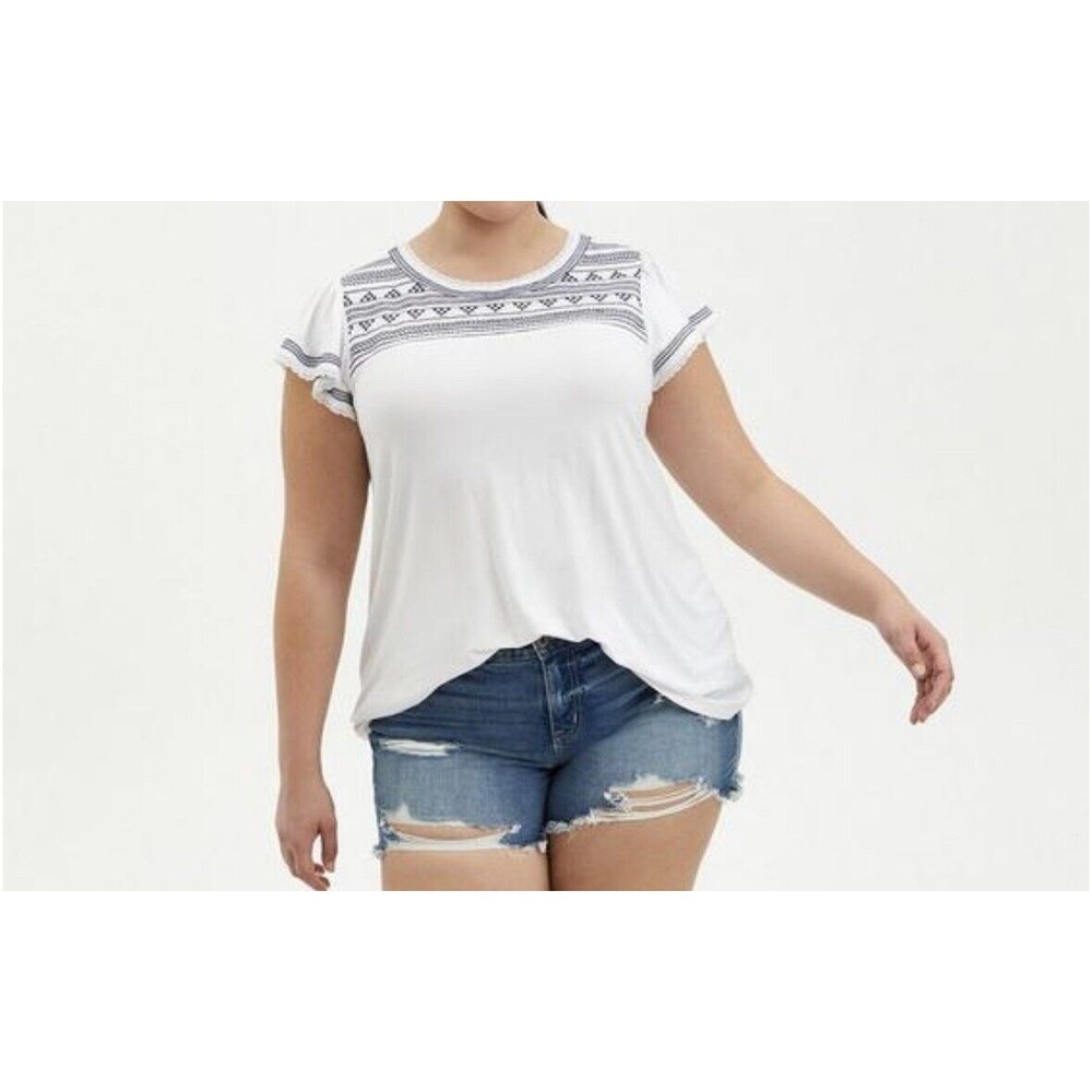 Torrid Shirt Womens 4X Supersoft Knits Embroidered White flutter sleeve Top